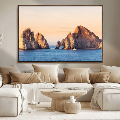 72996116-MGV-CV-36X24-El Arco Wall Art Canvas Print, Framed Cabo Rocks Art Picture Print, Ocean Arch Perfect Golden Coastal Landmark Decor Artwork