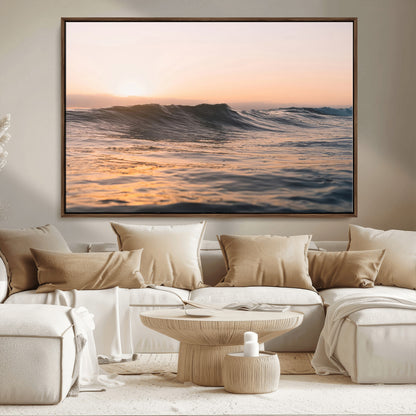 46299358-MGV-FC-36X24_Walnut-Sunset Waves Wall Art Canvas Print, Framed Ocean Horizon Art Picture Print, Golden Water Perfect Golden Hour Coastal Decor Artwork
