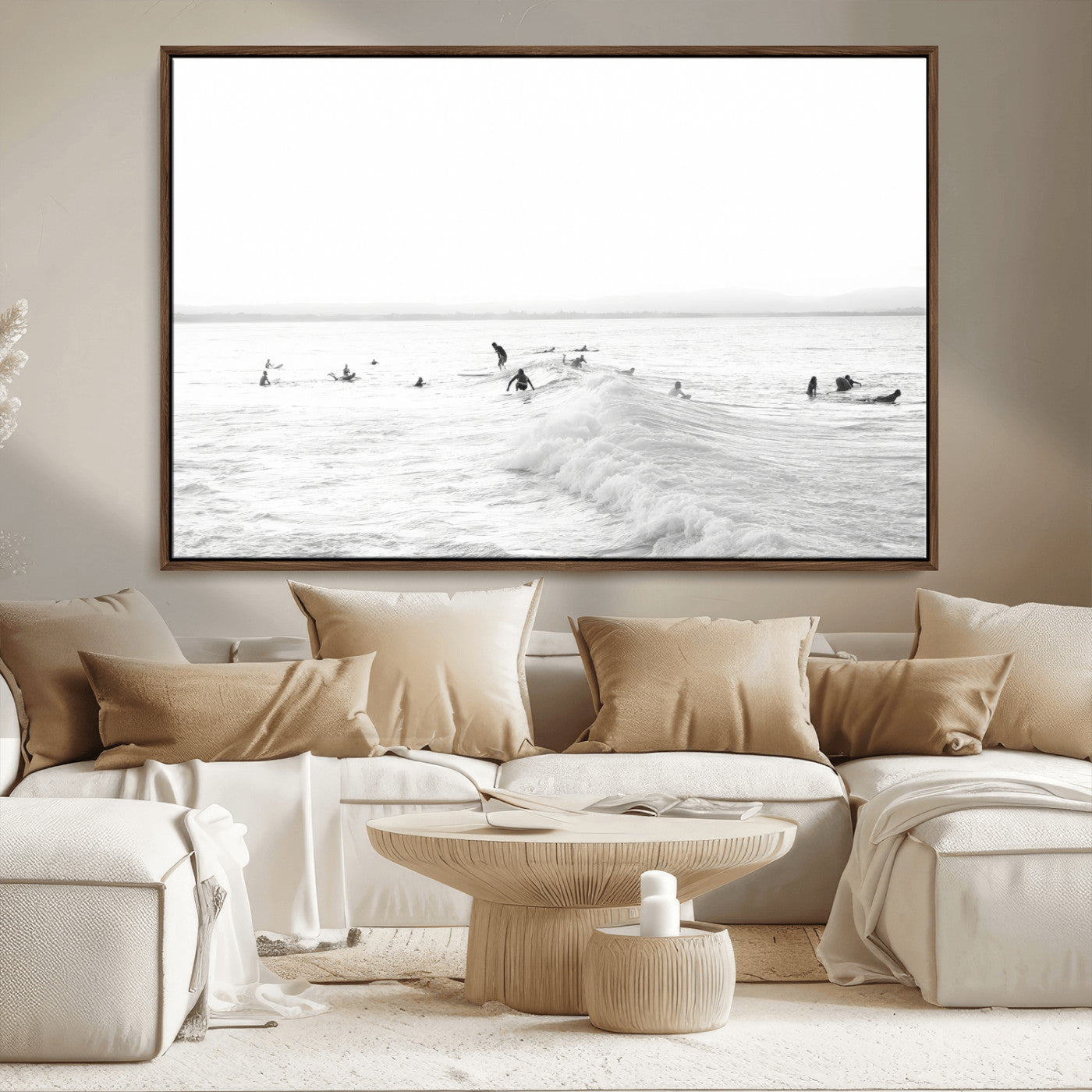 33449548-MGV-CV-36X24-Group Surfers Wall Art Canvas Print, Framed Ocean Wave Art Picture Print, Surf Crowd Perfect Monochrome Surf Decor Artwork