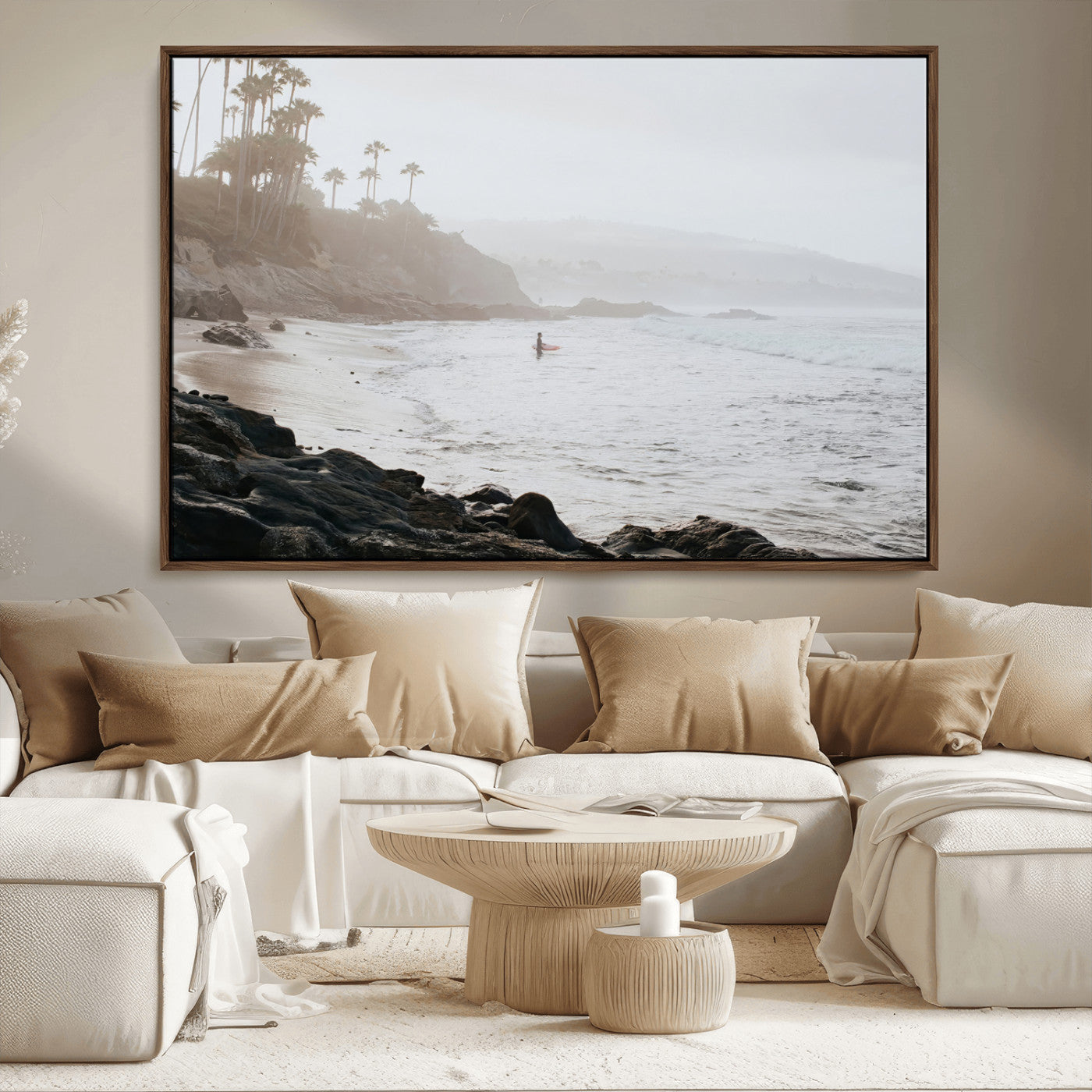 62501405-MGV-CV-36X24-Misty Beach Wall Art Canvas Print, Framed California Surfer Art Picture Print, Coastal Cliff Perfect Coastal Beach Decor Artwork