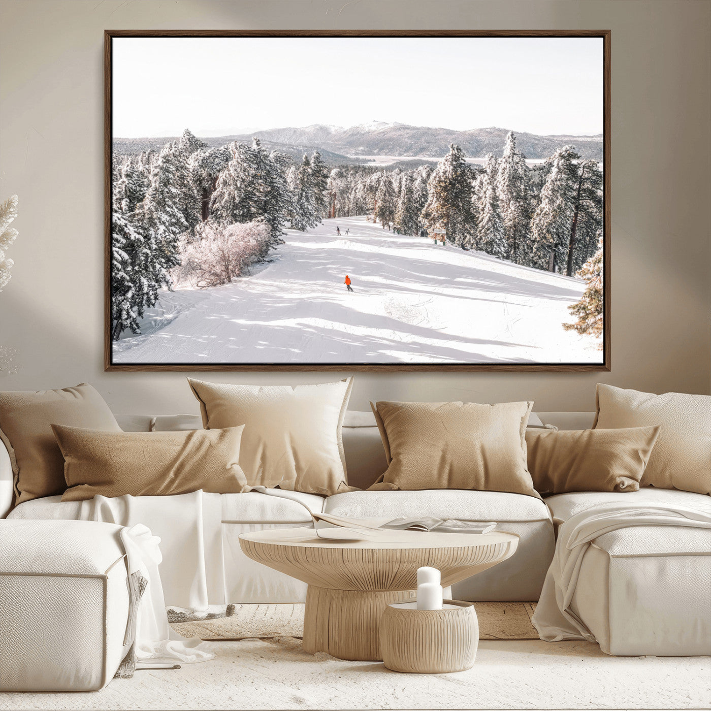 62119206-MGV-CV-36X24-Snowy Trail Wall Art Canvas Print, Framed Ski Slope Art Picture Print, Winter Pines Perfect Alpine Adventure Decor Artwork