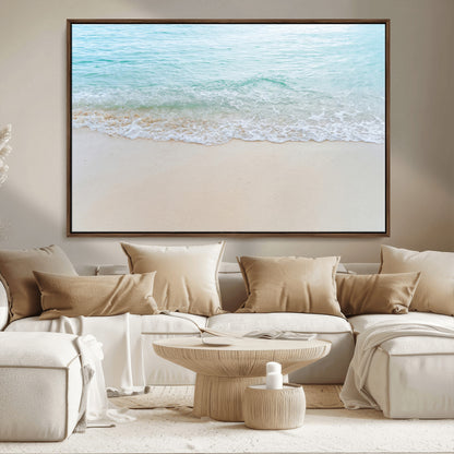 77194056-MGV-FC-36X24_Walnut-Soft Shoreline Wall Art Canvas Print, Framed Gentle Waves Art Picture Print, Clear Water Perfect Minimalist Coastal Decor Artwork