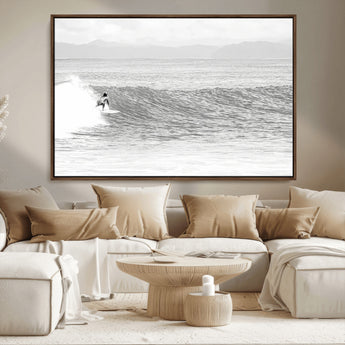 81535128-MGV-FC-36X24_Walnut-Surfer Woman Wall Art Canvas Print, Framed Black Ocean Art Picture Print, Ocean Surfing Perfect Monochrome Coastal Decor Artwork