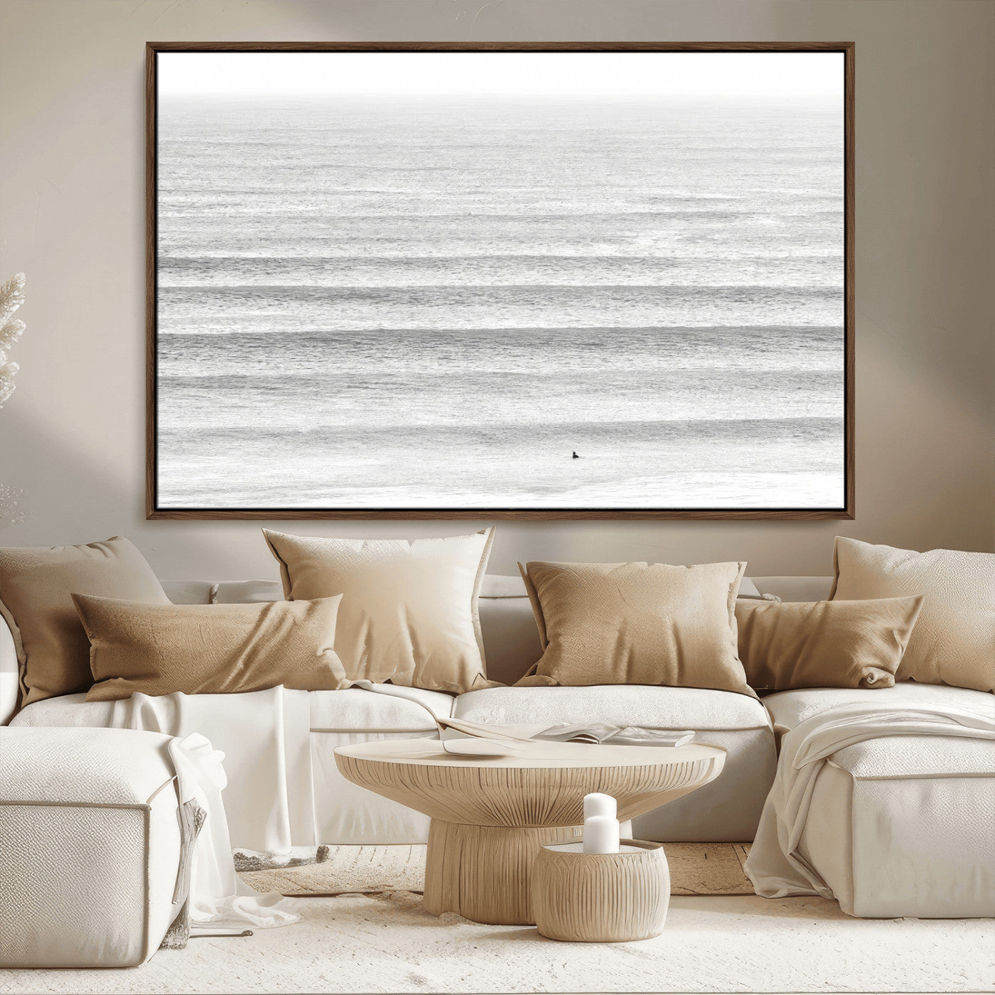 66534476-MGV-CV-36X24-Lone Surfer Wall Art Canvas Print, Framed Ocean Waves Art Picture Print, Minimal Sea Perfect Minimal Coastal Decor Artwork