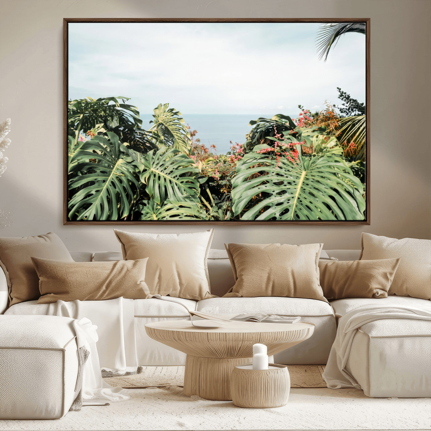 45700479-MGV-CV-36X24-Monstera Leaves Wall Art Canvas Print, Framed Tropical Ocean Art Picture Print, Tropical Foliage Perfect Tropical Coastal Jungle