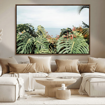 45700479-MGV-CV-36X24-Monstera Leaves Wall Art Canvas Print, Framed Tropical Ocean Art Picture Print, Tropical Foliage Perfect Tropical Coastal Jungle