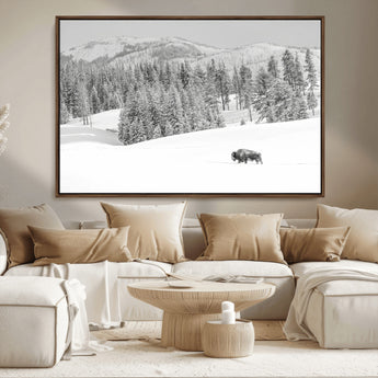68081143-MGV-CV-36X24-Snowy Bison Wall Art Canvas Print, Framed Winter Forest Art Picture Print, Lone Bison Perfect Monochrome Winter Wild Decor Artwork