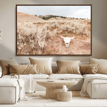 97234735-MGV-CV-36X24-Rustic Bones Wall Art Canvas Print, Framed Desert Sage Art Picture Print, Prairie Skull Perfect Minimal Rustic Decor Artwork