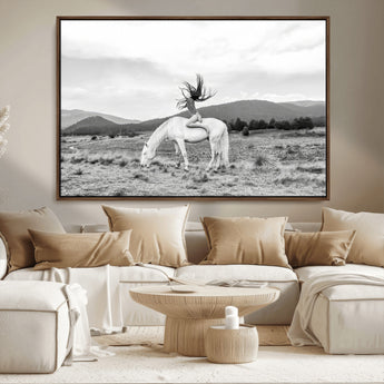 62789800-MGV-FC-36X24_Walnut-White Horse Wall Art Canvas Print, Framed Woman Rider Art Picture Print, Equestrian Pose Perfect Western Boho Decor Artwork