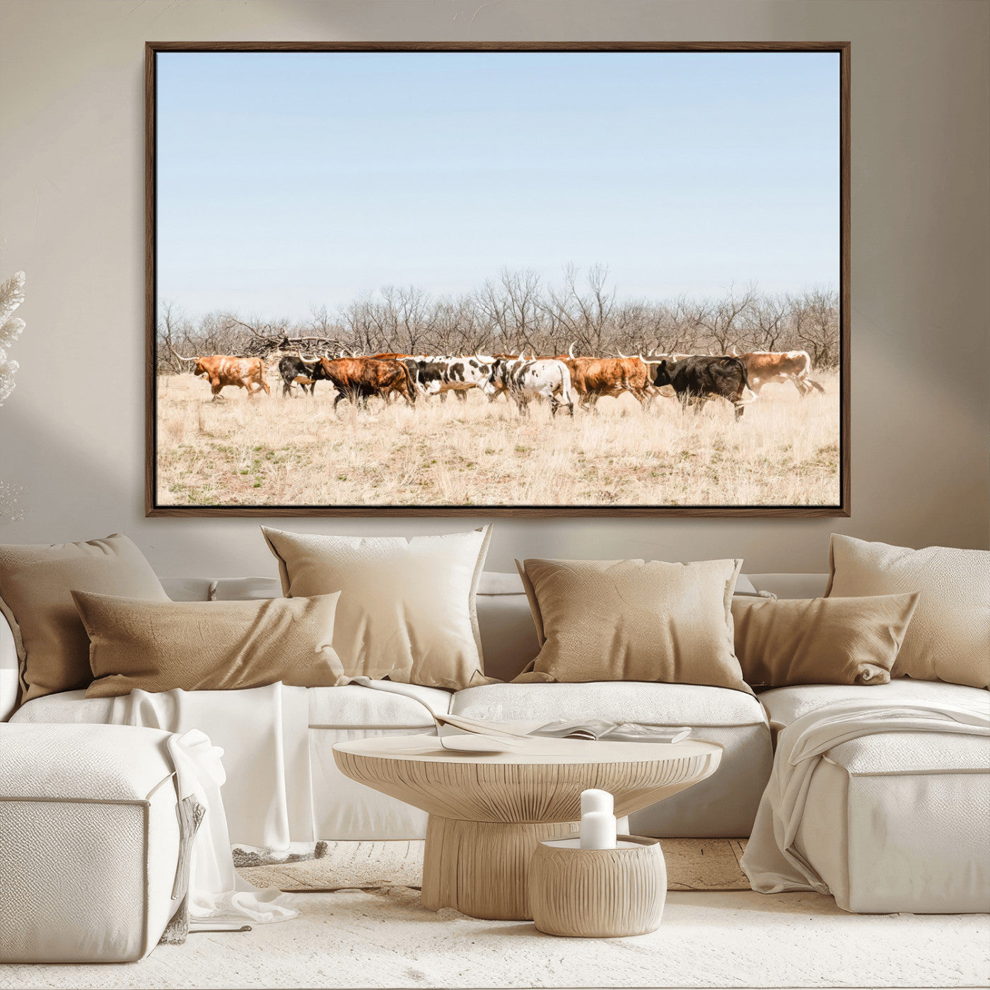 16563092-MGV-CV-36X24-Texas Longhorns Wall Art Canvas Print, Framed Western Cattles Art Picture Print, Rustic Herd Perfect Rustic Farmhouse Decor