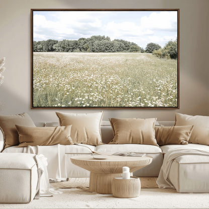 43258946-MGV-CV-36X24-Daisy Field Wall Art Canvas Print, Framed Pastel Flower Art Picture Print, Meadow Bloom Perfect Scandinavian Minimalist Decor