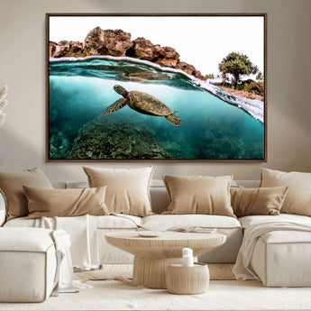 44200301-MGV-CV-36X24-Sea Turtle Swim Wall Art Canvas Print, Framed Ocean Life Art Picture Print, Tropical Shoreline Perfect Tropical Coastal Decor