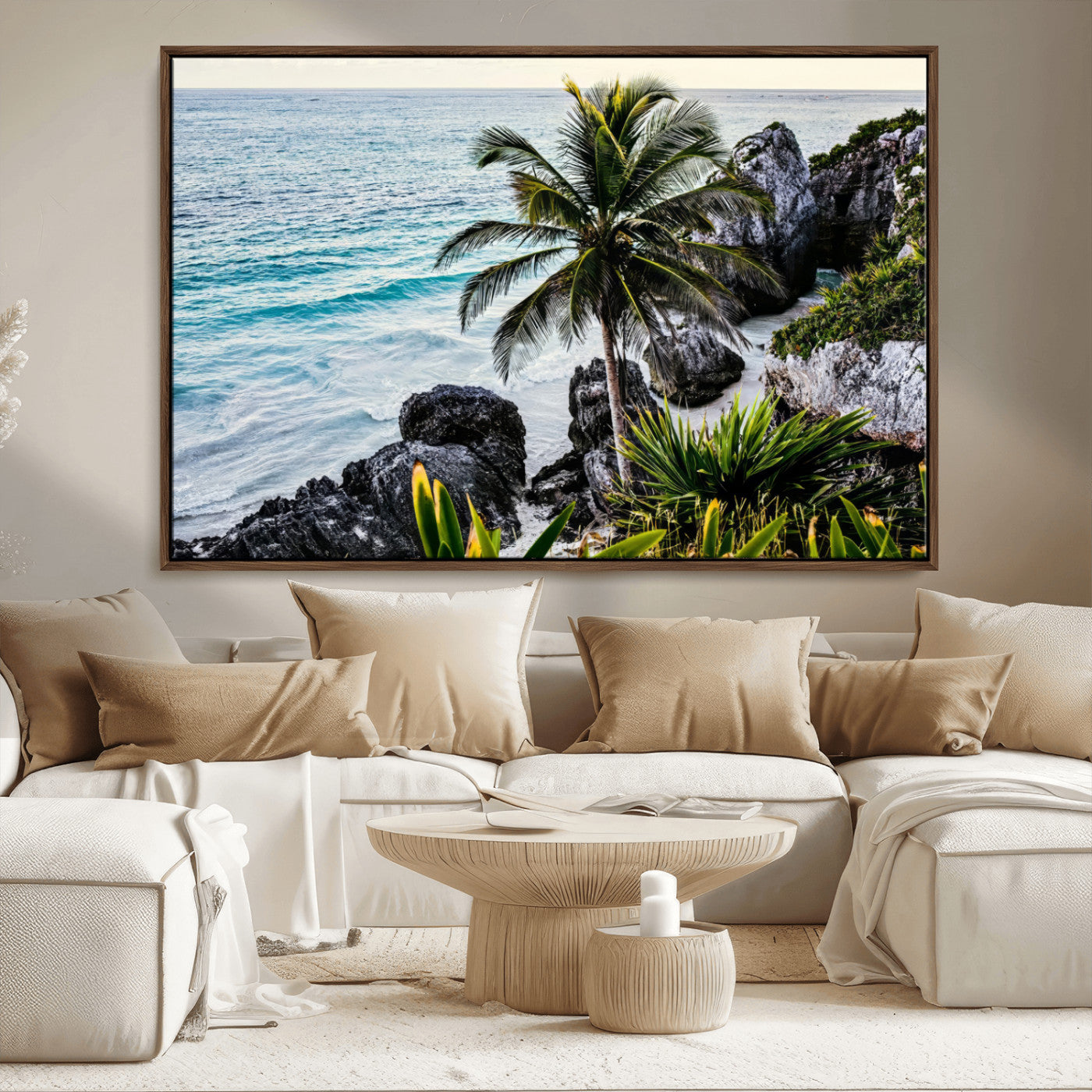 94669907-MGV-CV-36X24-Tropical Coastline Wall Art Canvas Print, Framed Palm Tree Art Picture Print, Rocky Beach Perfect Tropical Coastal Decor Artwork