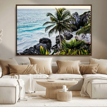 94669907-MGV-FC-36X24_Walnut-Tropical Coastline Wall Art Canvas Print, Framed Palm Tree Art Picture Print, Rocky Beach Perfect Tropical Coastal Decor Artwork