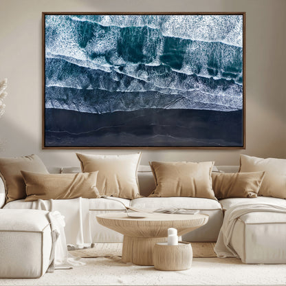 87941475-MGV-CV-36X24-Black Beach Wall Art Canvas Print, Framed Aerial Ocean Art Picture Print, Moody Coastal Perfect Modern Coastal Decor Artwork