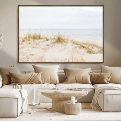 13146857-MGV-CV-36X24-Beach Dunes Wall Art Canvas Print, Framed Soft Horizon Art Picture Print, Coastal Grass Perfect Minimalist Coastal Decor Artwork