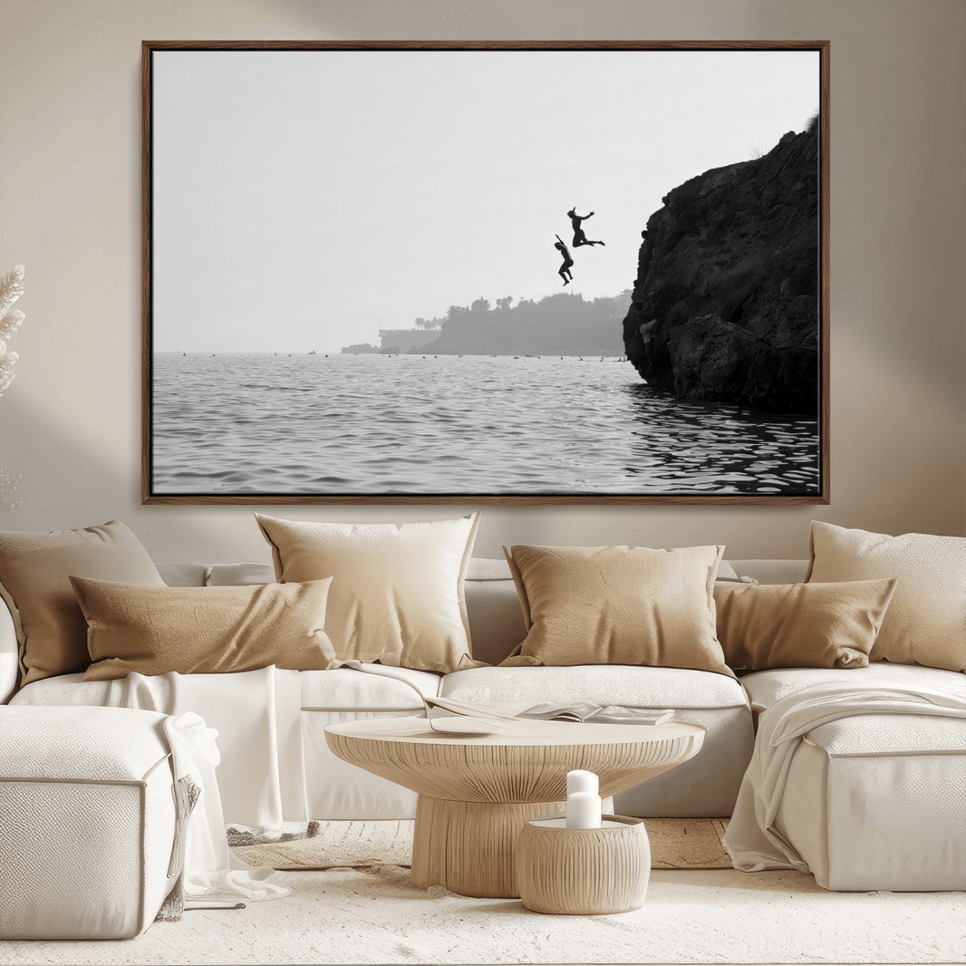 52284302-MGV-CV-36X24-Cliff Jumping Wall Art Canvas Print, Framed Ocean Adventure Art Picture Print, Black White Coast Perfect Modern Coastal Decor