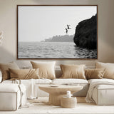 52284302-MGV-CV-36X24-Cliff Jumping Wall Art Canvas Print, Framed Ocean Adventure Art Picture Print, Black White Coast Perfect Modern Coastal Decor