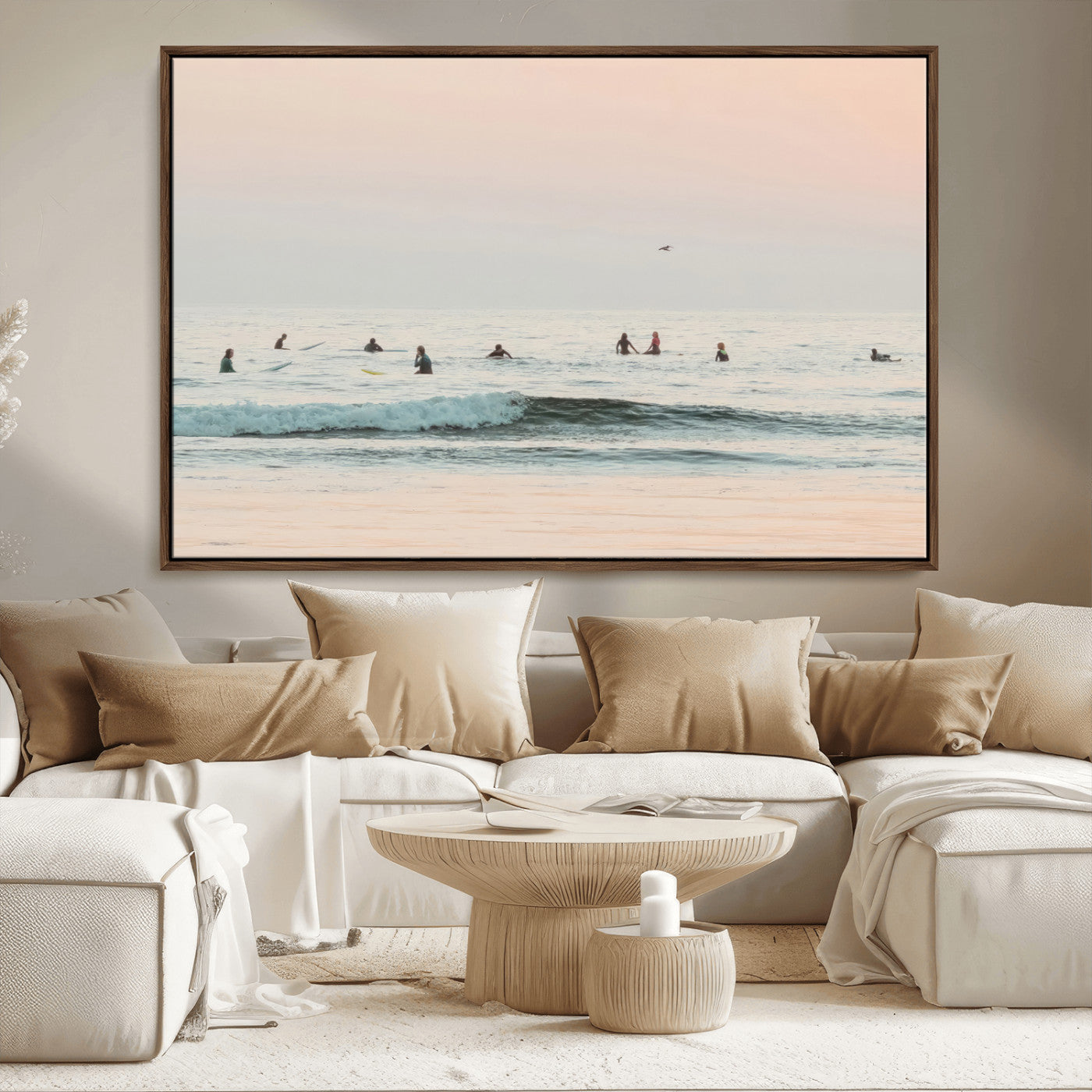 98888919-MGV-CV-36X24-Pastel Ocean Wall Art Canvas Print, Framed Soft Sunset Swimming Art Picture Print, Calm Sea Horizon Perfect Soft Coastal