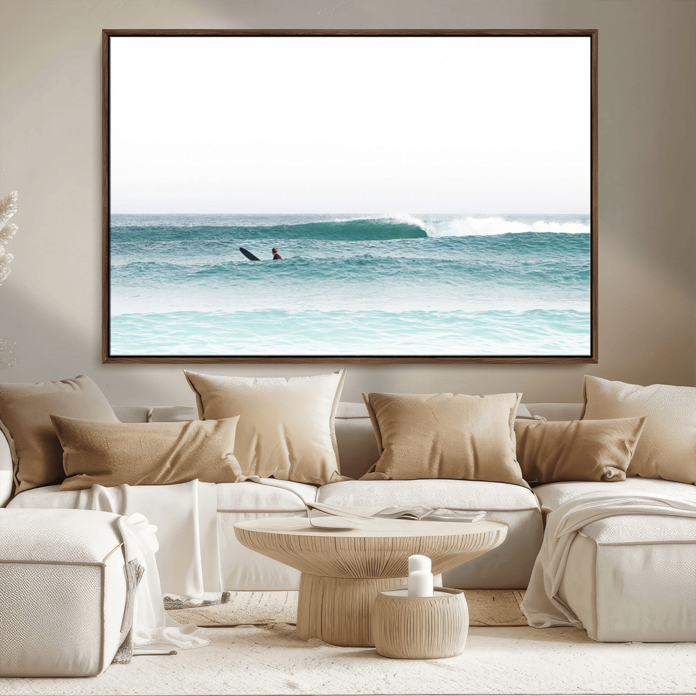 56345117-MGV-CV-36X24-Minimalist Surfing Wall Art Canvas Print, Framed Ocean Waves Art Picture Print, Soft Ocean Perfect Minimalist Coastal Decor