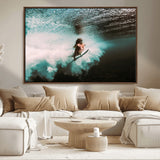 85923512-MGV-CV-36X24-Aquatic Motion Wall Art Canvas Print, Framed Underwater Swimming Art Picture Print, Female Surfer Diving Perfect Coastal Boho