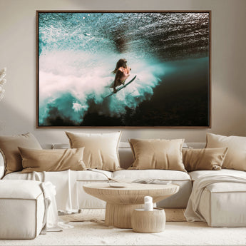 85923512-MGV-CV-36X24-Aquatic Motion Wall Art Canvas Print, Framed Underwater Swimming Art Picture Print, Female Surfer Diving Perfect Coastal Boho