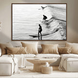 19875284-MGV-CV-36X24-Surfer Waves Wall Art Canvas Print, Framed Black White Surf Art Picture Print, Monochrome Ocean Perfect Modern Coastal Decor