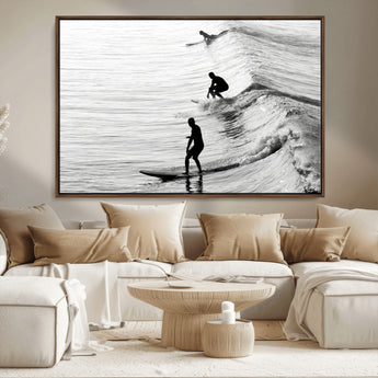 19875284-MGV-CV-36X24-Surfer Waves Wall Art Canvas Print, Framed Black White Surf Art Picture Print, Monochrome Ocean Perfect Modern Coastal Decor