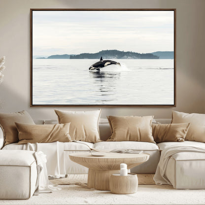 10157174-MGV-CV-36X24-Orca Whale Wall Art Canvas Print, Framed Black White Whale Art Picture Print, Minimalist Ocean Perfect Coastal Minimalist Decor