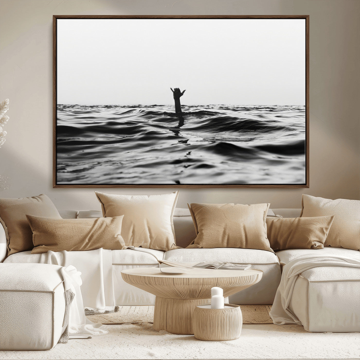 69541918-MGV-CV-36X24-Black White Ocean Wall Art Canvas Print, Framed Moody Seascape Art Picture Print, Surfer Sign Perfect Moody Minimalist Decor
