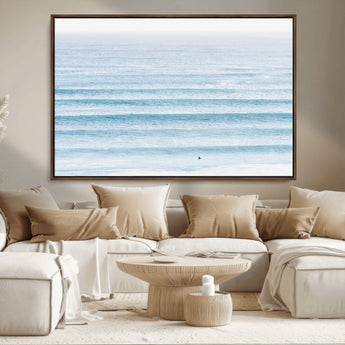 77145995-MGV-FC-36X24_Walnut-Ocean Simplicity Wall Art Canvas Print, Framed Surfer on Water Art Picture Print, Light Blue Perfect Coastal Minimalist Decor