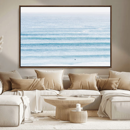 77145995-MGV-FC-36X24_Walnut-Ocean Simplicity Wall Art Canvas Print, Framed Surfer on Water Art Picture Print, Light Blue Perfect Coastal Minimalist Decor