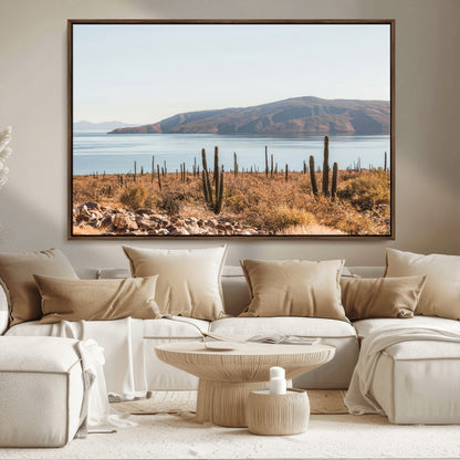 45193515-MGV-CV-36X24-Desert Cactus Wall Art Canvas Print, Framed Baja Coastline Art Picture Print, Coastal Desert Perfect Southwestern Minimalist Decor