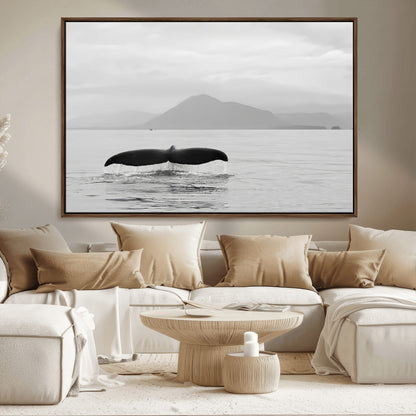 30524220-MGV-FC-36X24_Walnut-Whale Tail Wall Art Canvas Print, Framed Black White Ocean Art Picture Print, Calm Marine Perfect Minimalist Coastal Decor Artwork