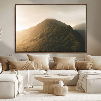 42338636-MGV-CV-36X24-Golden Mountain Wall Art Canvas Print, Framed Misty Summit Art Picture Print, Rugged Landscape Perfect Moody Wilderness Decor