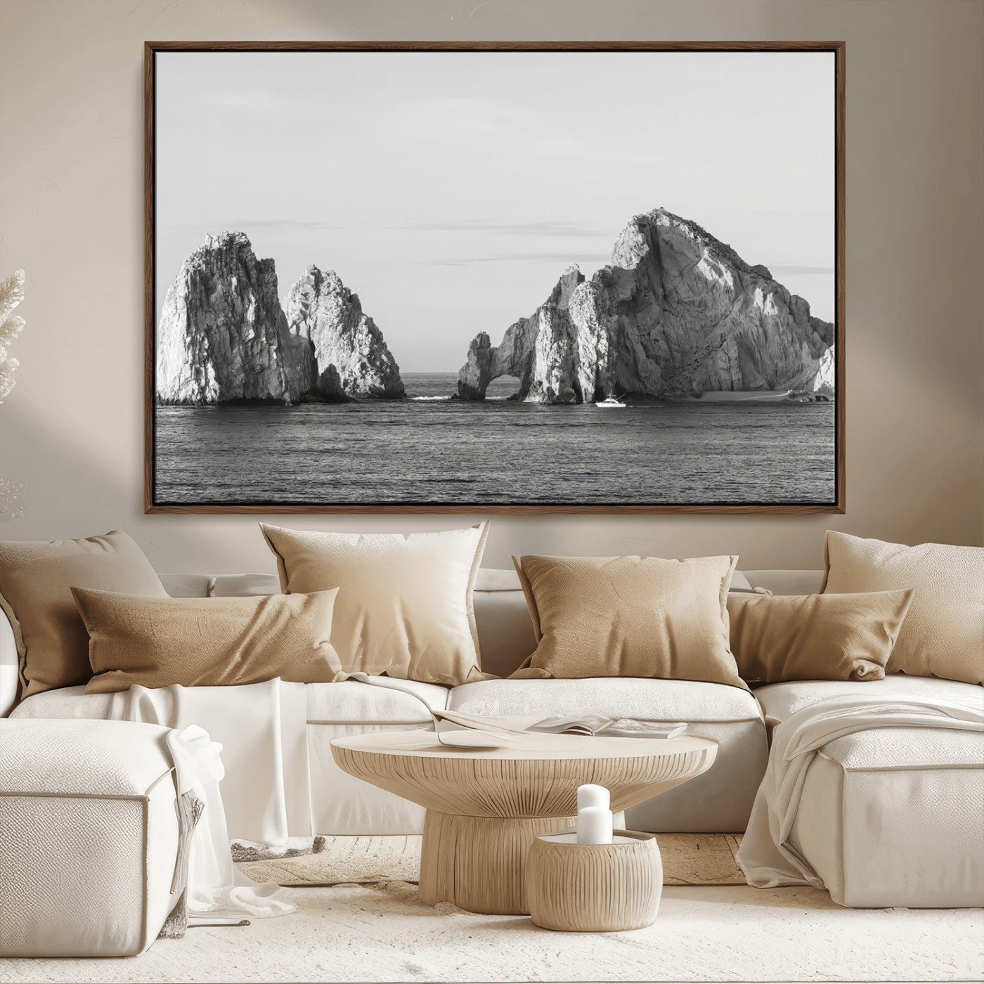 18810731-MGV-FC-36X24_Walnut-Rugged Coastline Wall Art Canvas Print, Framed Ocean Cliffs Art Picture Print, Monochrome Seascape Perfect Coastal Minimalist