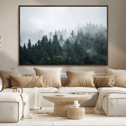 84146572-MGV-CV-36X24-Foggy Pine Trees Wall Art Canvas Print, Framed Forest Nature Art Picture Print, Evergreen Forest Perfect Scandinavian Minimalist