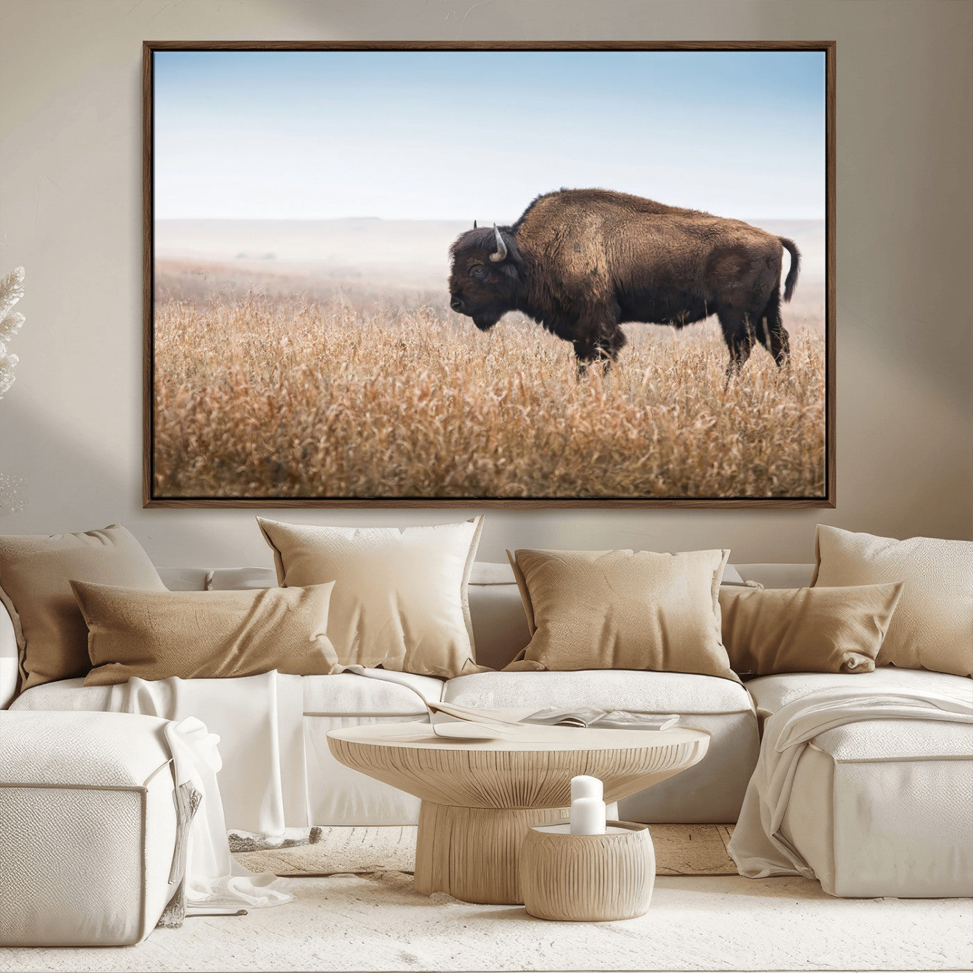 99620201-MGV-CV-36X24-Wild Bison Wall Art Canvas Print, Framed Bison in Prairie Art Picture Print, Rustic Western Perfect Rustic Western Decor Artwork