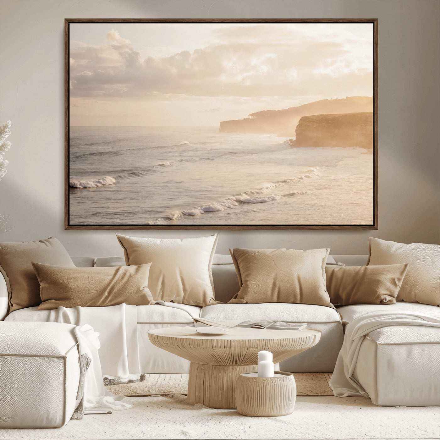 57669769-MGV-CV-36X24-Misty Coastal Wall Art Canvas Print, Framed Golden Sunset Art Picture Print, Serene Shoreline Perfect Tranquil Coastal Decor