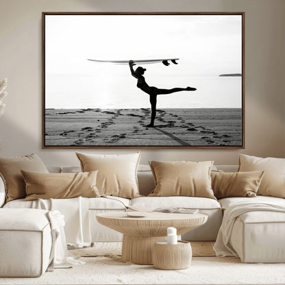 28441356-MGV-CV-36X24-Yoga Surf Wall Art Canvas Print, Framed Black White Shore Art Picture Print, Peaceful Ocean Perfect Minimalist Coastal Decor