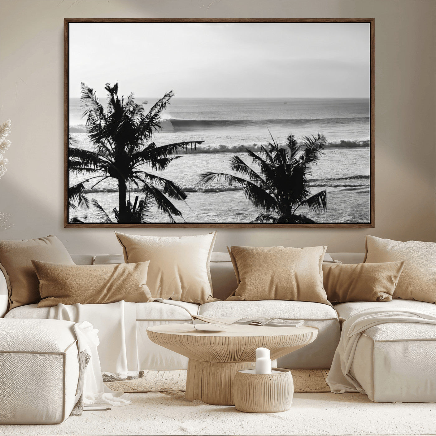 17508038-MGV-CV-36X24-Tropical Coastline Wall Art Canvas Print, Framed Palm Trees Art Picture Print, Ocean Waves Perfect Minimalist Coastal Decor