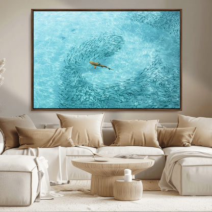 43671474-MGV-CV-36X24-Fish Swarm Wall Art Canvas Print, Framed Marine Life Art Picture Print, Shark Aerial Perfect Wildlife Coastal Decor Artwork