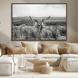 24051061-MGV-FC-36X24_Walnut-Monochrome Highland Cow Wall Art Canvas Print, Framed Scottish Bull Art Picture Print, Lone Cattle Perfect Rustic Farmhouse Decor