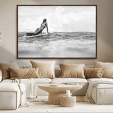 69798068-MGV-CV-36X24-Black White Surfing Wall Art Canvas Print, Framed Ocean Horizon Art Picture Print, Surfer Girl Perfect Coastal Adventure Decor