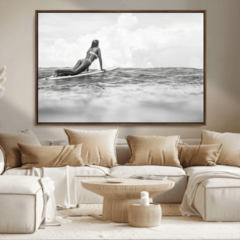 69798068-MGV-CV-36X24-Black White Surfing Wall Art Canvas Print, Framed Ocean Horizon Art Picture Print, Surfer Girl Perfect Coastal Adventure Decor