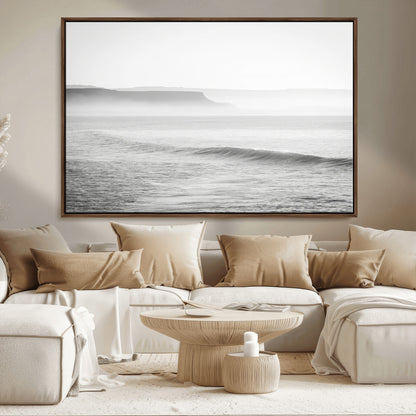 60635783-MGV-CV-36X24-Black White Seascape Wall Art Canvas Print, Framed Ocean Waves Art Picture Print, Misty Coastal Perfect Minimalist Coastal Decor