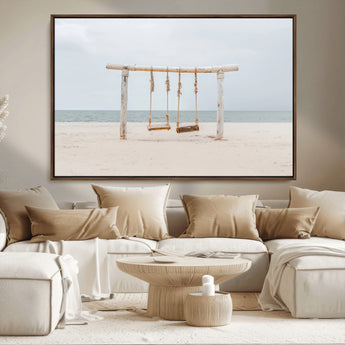 68327283-MGV-CV-36X24-Beach Swing Wall Art Canvas Print, Framed Quiet Beach Art Picture Print, Calm Shoreline Perfect Bohemian Coastal Decor Artwork
