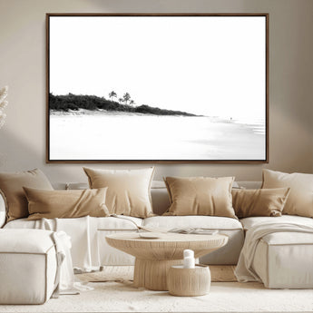 29611516-MGV-FC-36X24_Walnut-Black White Beach Wall Art Canvas Print, Framed Palm Trees Art Picture Print, Monochrome Tropical Perfect Minimalist Coastal Decor