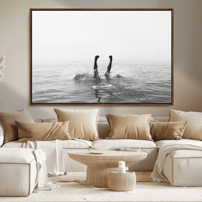 26667396-MGV-CV-36X24-Black White Ocean Wall Art Canvas Print, Framed Monochrome Water Art Picture Print, Diving into Water Perfect Minimalist Aquatic