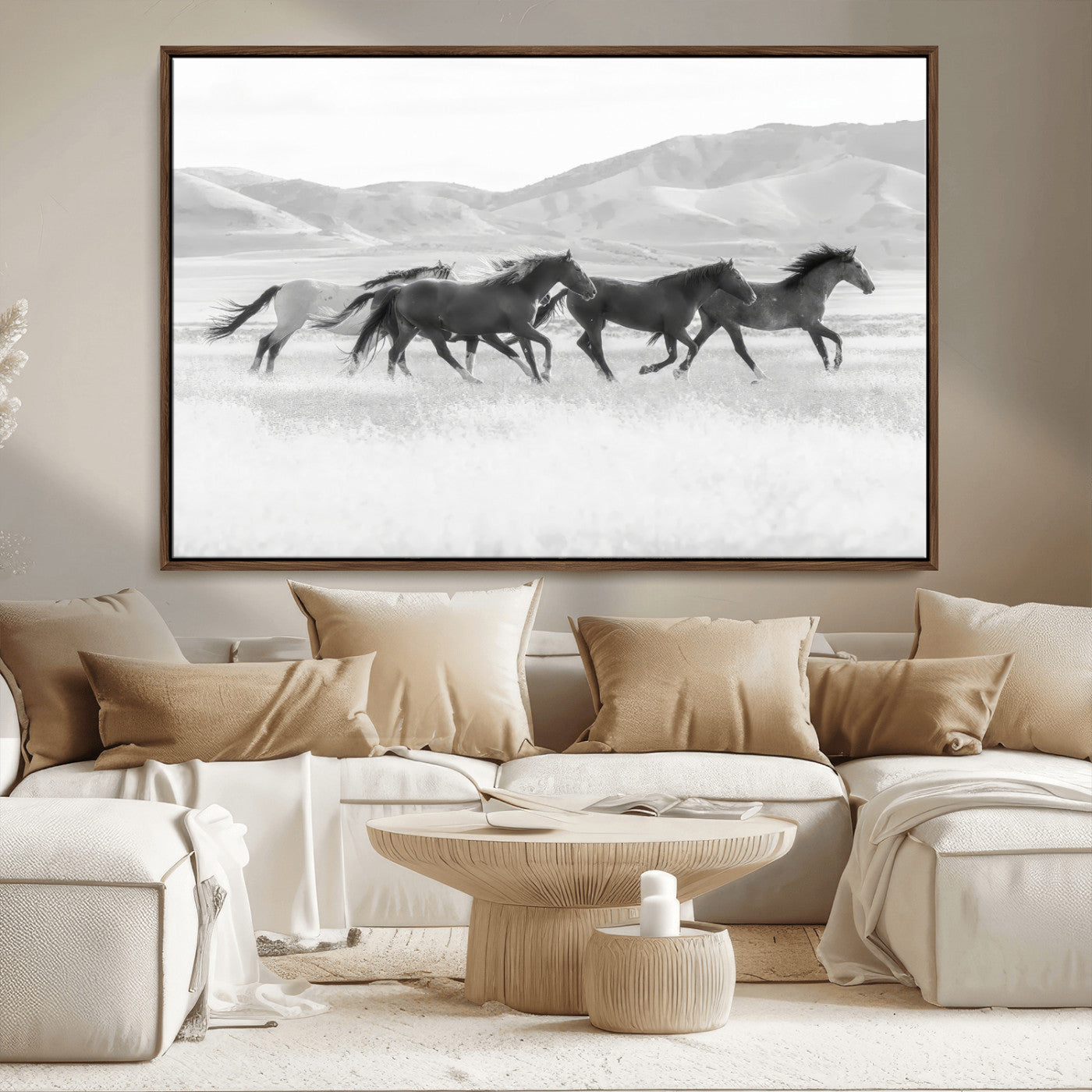 69934913-MGV-FC-36X24_Walnut-Wild Horses Running Wall Art Canvas Print, Framed Black White Mustangs Art Picture Print, Rustic Western Perfect Rustic Western